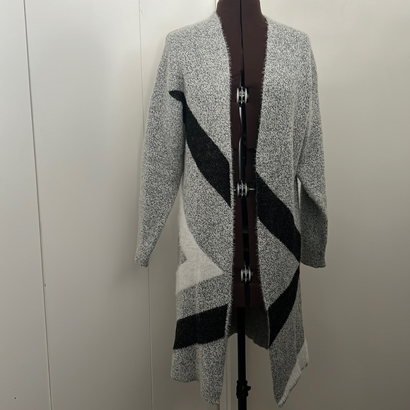 None Sweaters - Heather Grey Black and White Fluffy Mid Length Sweater Cardigan